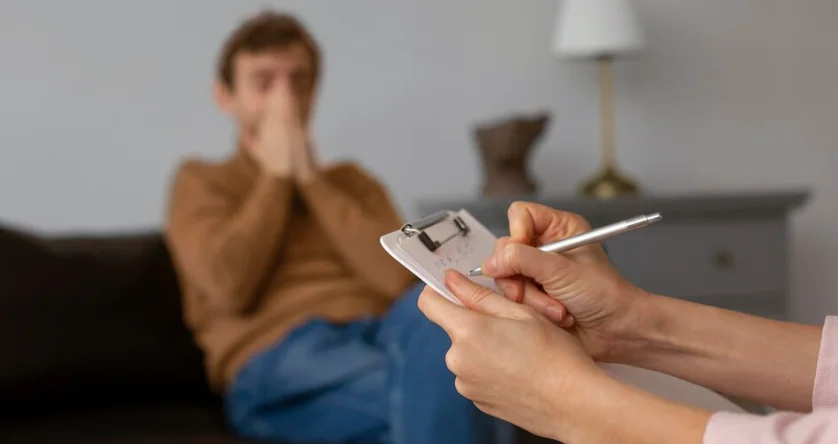 психиатр разговаривает с мужчиной по поводу дистимии